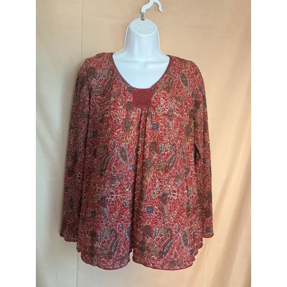 Duo Maternity Blouse Women Medium Red Paisley Excellent Crochet Trim Long Sleeve